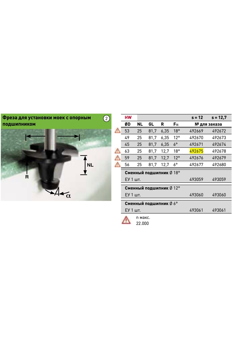 Фреза для снятия фасок с опорн. подшипником Festool HW D63/R12,7/25/18° ss S12