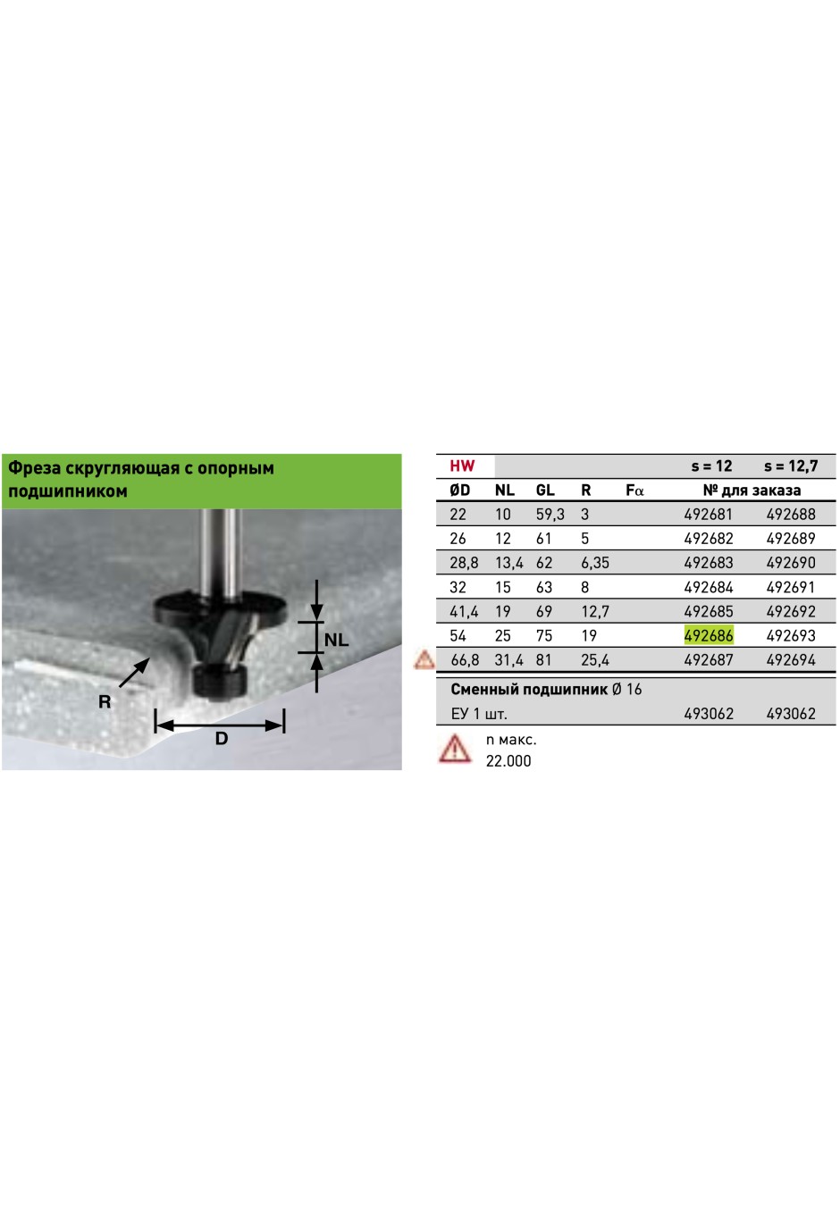 Фреза скругляющая с опорн. подшипником Festool HW R19/D 54 ss S12