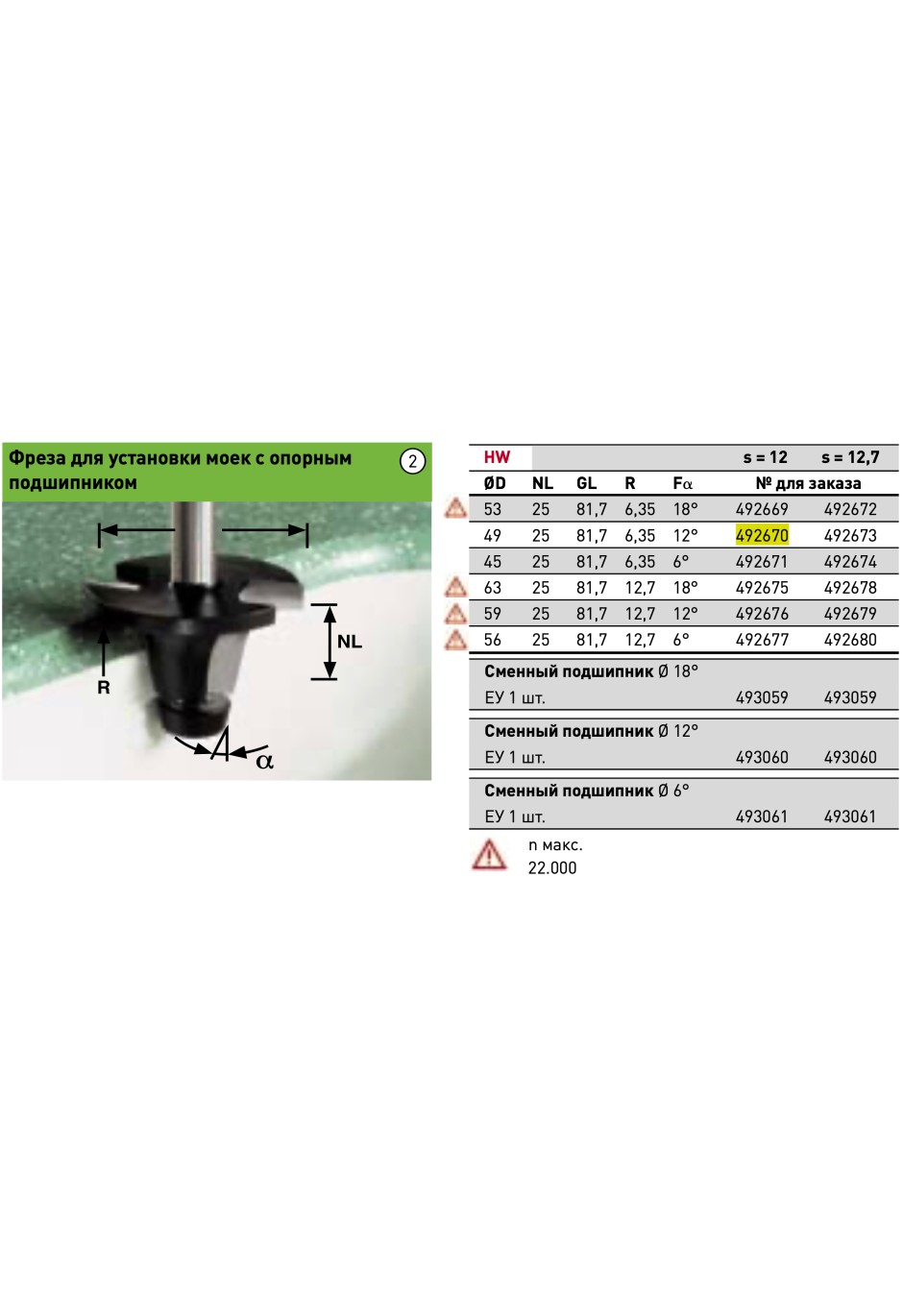 Фреза для снятия фасок с опорн. подшипником Festool HW R6.35/25/12° ss S12