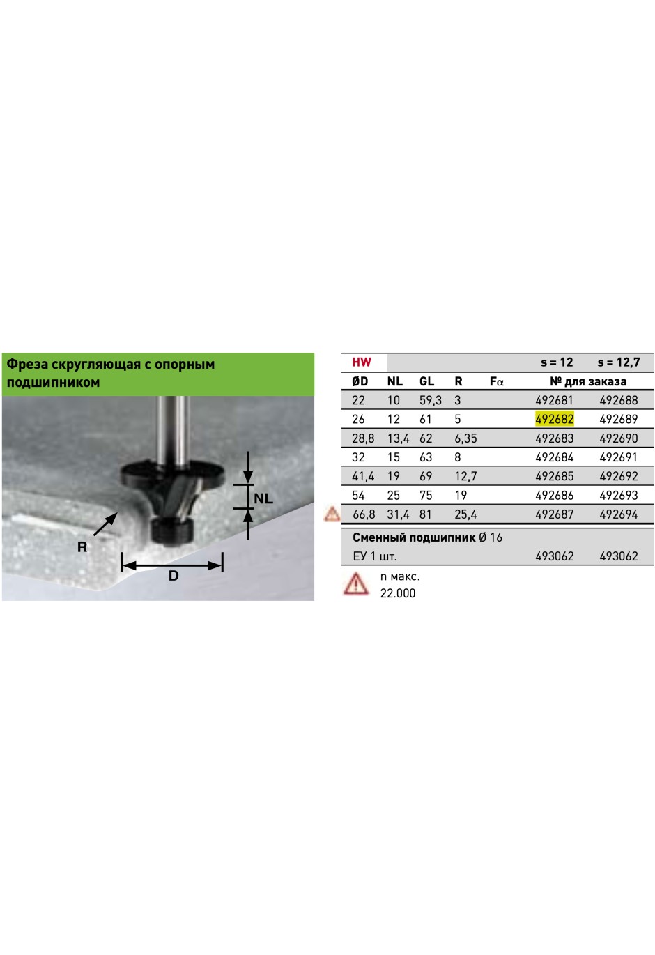 Фреза скругляющая с опорн. подшипником Festool HW R5/D26 ss S12