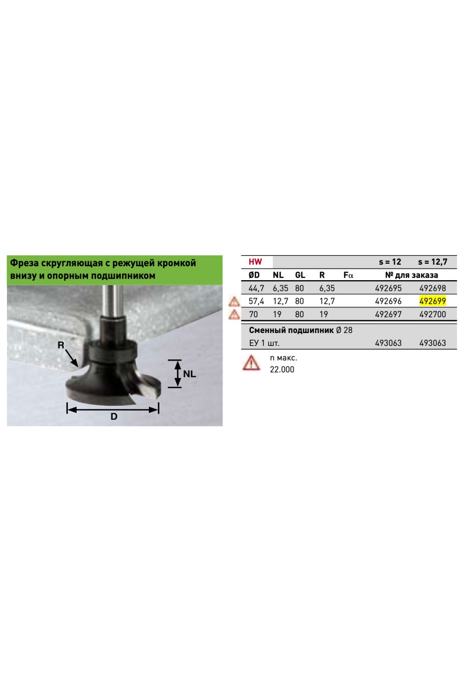 Фреза скругляющая с режущей кромкой внизу и опорным подшипником Festool HW R12,7/D57,4 S12,7